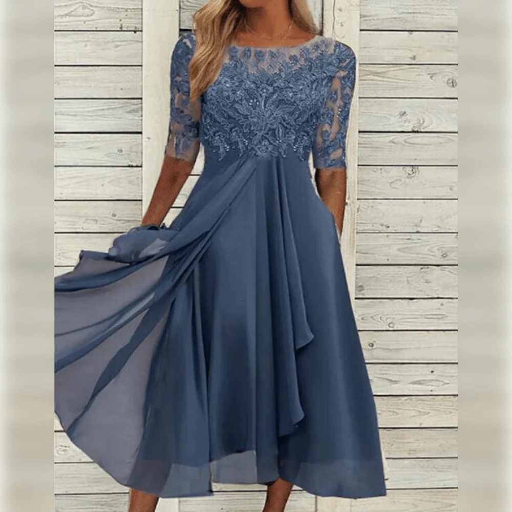 Damen Kleid | Midilänge mit hohem Bund und Rundhalsausschnitt - Image 3