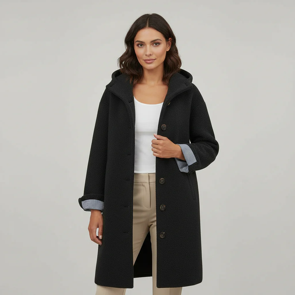 Damen Mantel | lange Form mit Kapuze und klarer Linienführung